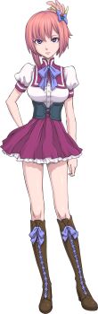 1girl absurdres boots bow bowtie feathers full_body hair_bow highres iwamoto_tatsurou koden_shiori official_art pink_hair purple_eyes shin_megami_tensei shin_megami_tensei:_liberation_dx2 simple_background solo standing third-party_source transparent_background