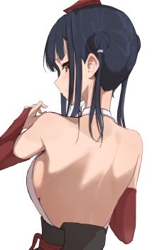 1girl absurdres back backless_kimono bare_back bare_shoulders black_hair black_sash blush breasts bridal_gauntlets brown_eyes commentary_request double_bun elbow_gloves from_behind gloves hair_bun halterneck hand_up hat highres japanese_clothes kaekae_kaeru kimono looking_back median_furrow medium_breasts medium_hair multi-source_commentary nijisanji obi obijime red_bridal_gauntlets red_hat sash side_up_bun sideboob simple_background sleeveless sleeveless_kimono smile solo tokin_hat twintails upper_body virtual_youtuber white_background white_kimono yamagami_karuta yamagami_karuta_(1st_costume)