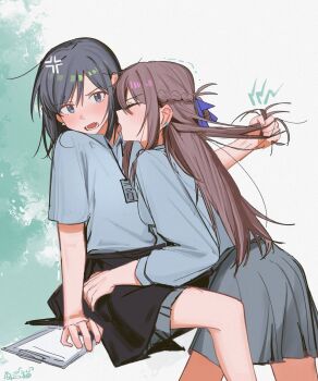 2girls anger_vein black_hair black_jacket blue_eyes blush braid brown_hair chinese_commentary clothes_around_waist commentary_request earrings fang grabbing_another&#039;s_hair grey_shirt grey_skirt haidao_mao half_up_braid highres holding_another&#039;s_hair jacket jacket_around_waist jewelry long_hair miyagi_shiori multiple_girls open_mouth sendai_hazuki shirt short_hair short_sleeves shuuniichido_classmate_wo_kau_hanashi sidelocks skirt teeth yuri