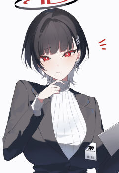 1girl absurdres alternate_hair_length alternate_hairstyle black_hair black_halo blue_archive bright_pupils halo highres multicolored_halo red_eyes ringed_eyes rio_(blue_archive) short_hair simple_background solo sukasusu_51te sweater turtleneck turtleneck_sweater two-tone_halo upper_body white_background white_pupils white_sweater