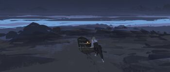 Rule 34 | 1girl, blonde hair, boat, dark, dredge (video game), full body, highres, imbanox9, lantern, mountainous horizon, official art, pushing, scenery, shirt, shore, short hair, solo, suspenders, watercraft, white shirt