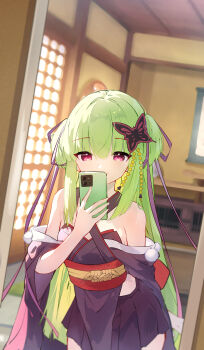 1girl absurdres arm_behind_back backlighting bare_shoulders black_kimono black_skirt blunt_bangs blunt_ends blurry blurry_background breasts butterfly_hair_ornament cellphone closed_mouth commentary cowboy_shot criss-cross_halter day eyes_visible_through_hair feng1180 full-length_mirror green_hair hair_ornament hair_ribbon halterneck hand_up highres hime_cut holding holding_phone indoors japanese_clothes kimono long_hair long_ribbon long_sleeves looking_at_viewer miniskirt mirror murasame_(senren) phone pleated_skirt pom_pom_(clothes) purple_ribbon red_eyes red_sash reflection ribbon sash selfie senren_banka sidelocks skirt small_breasts smartphone smile solo straight_hair two_side_up very_long_hair wide_sleeves