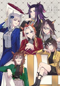 6+girls ahoge alternate_costume animal_ears ascot belt black_hair black_jacket black_shirt black_shorts blue_eyes blue_jacket boots bouquet bow box breasts brown_eyes brown_hair card closed_eyes commentary_request crossed_legs dream_journey_(snow-white_dreamland)_(umamusume) dream_journey_(umamusume) dress ear_bow ear_covers ear_ornament eyewear_strap fenomeno_(umamusume) flipped_hair flower gift gift_box glasses gold_ship_(umamusume) green_jacket grey_ascot grey_hair grin hair_between_eyes highres holding holding_bouquet holding_card horse_ears horse_girl horse_tail jacket long_hair long_sleeves looking_at_viewer medium_breasts miinu_(melenas) multicolored_hair multiple_girls nakayama_festa_(umamusume) necktie one_eye_closed open_mouth orange_hair orfevre_(umamusume) pants ponytail purple_eyes purple_hair red_jacket shirt shorts single_ear_cover sitting smile stay_gold_(umamusume) stay_gold_clan_(umamusume) streaked_hair tail teeth two-tone_hair umamusume white_ascot white_belt white_dress white_hair white_pants white_shirt yellow_necktie