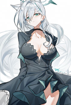 1girl :o absurdres ahoge animal_ears black_dress blue_archive breasts breasts_apart collarbone cowboy_shot dated dress floating_hair green_eyes green_halo groin hair_behind_ear hair_between_eyes halo highres large_breasts long_hair long_sleeves looking_at_viewer no_panties parted_lips plunging_neckline shiroko_terror_(blue_archive) signature single_hair_intake solo straight-on very_long_hair white_hair wide_sleeves yisjhui