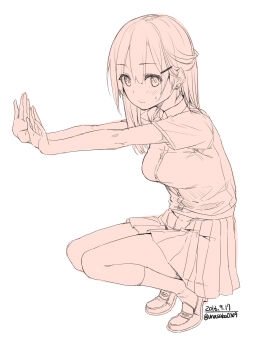 1girl ankle_socks bare_arms breasts buttons check_copyright closed_mouth collared_shirt copyright_request dated exercising eyelashes full_body hair_between_eyes hair_ornament hairclip high-waist_skirt highres light_blush long_hair miniskirt monochrome orange_theme original outstretched_arms pleated_skirt school_uniform shirt shoes short_sleeves simple_background single_sidelock skirt socks solo squatting straight_hair sweatdrop tareme twitter_username unasaka_ryou uwabaki white_background