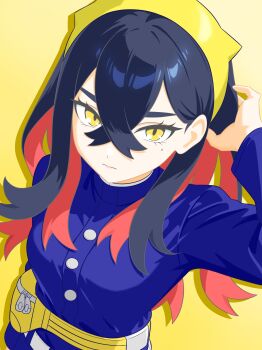 1girl absurdres belt black_hair blue_jacket buttons carmine_(pokemon) closed_mouth commentary_request eyelashes fanny_pack hair_behind_ear hair_between_eyes hairband hand_up highres jacket long_hair long_sleeves majikichi915 mole mole_under_eye nintendo pokemon pokemon_sv solo white_belt yellow_background yellow_bag yellow_eyes yellow_hairband zipper_pull_tab