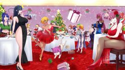 1boy 6+girls action_taimanin aishuu_hebiko akiyama_rinko alternate_costume androgynous breasts breasts_squeezed_together brown_hair cake cat character_doll character_request christmas crossdressing crossdressing_(mtf) crossover cup dark-skinned_female dark_skin doll dress drink drinking_glass food grin happy hat highres huge_breasts igawa_asagi igawa_sakura indoors ingrid_(taimanin_asagi) komochizuki koukawa_asuka large_breasts lilim_(taimanin_asagi_battle_arena) looking_at_another mizuki_shiranui mizuki_yukikaze multiple_girls obo_cat oboro_(taimanin_asagi) official_alternate_costume onizaki_kirara pink_eyes pink_hair ponytail santa_hat shinganji_kurenai short_hair siblings sisters sitting small_breasts smile taimanin_(series) taimanin_asagi taimanin_kurenai taimanin_rpgx taimanin_yukikaze tan tanline trap twintails uehara_shikanosuke yatsu_murasaki