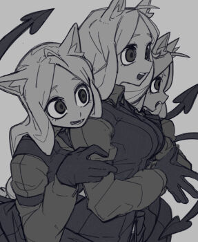 3girls absurdres bone_nigi boots cerberus_(helltaker) demon_girl formal_clothes greyscale helltaker highres long_hair monochrome multiple_girls pants suit tail triplets white_hair