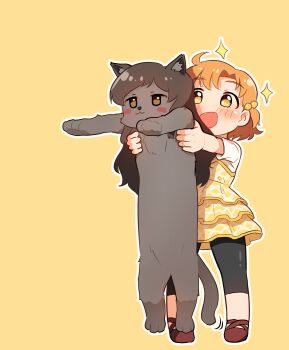 1girl absurdres ahoge animal animalization black_leggings blush brown_cat brown_hair cat dress full_body hair_bobbles hair_ornament highres idolmaster idolmaster_million_live! kamille_(vcx68) kitazawa_shiho leggings long_hair longcat_(meme) meme open_mouth orange_hair outline short_hair simple_background smile sparkle standing white_outline yabuki_kana yellow_background yellow_dress yellow_eyes