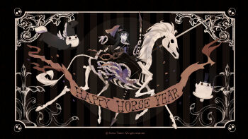 1girl black_background black_dress black_hair cat chinese_zodiac commentary dress english_commentary goth_fashion hat highres horseback_riding long_hair meawbin original red_eyes riding skeleton_horse sword weapon woraya_chotikul year_of_the_horse