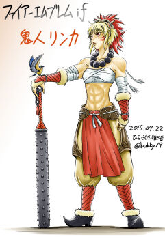 1girl abs beads biceps bird bracer chest_sarashi club club_(weapon) fire_emblem fire_emblem_fates gunbai highres hirabuki_masahiro holding holding_club holding_weapon mask mask_on_head muscular muscular_female nintendo obliques oni pointy_shoes prayer_beads rinkah_(fire_emblem) sarashi shoes solo spiked_club war_fan warrior weapon