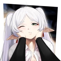 Rule 34 | 1girl, 1other, blurry, blurry background, closed mouth, collared shirt, commentary request, depth of field, dev (dev0614), dress shirt, earrings, elf, frieren, green eyes, grey hair, hands on another&#039;s face, highres, jewelry, long hair, looking at viewer, naked shirt, one eye closed, open clothes, open shirt, pointy ears, pov, pov hands, shirt, sousou no frieren, twintails, upper body, white shirt