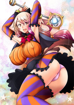 1girl armpits arms_up ass black_bow black_skirt bow bowtie bracelet breasts commentary detached_collar frilled_skirt frills from_side hair_bow halloween halloween_costume holding holding_weapon huge_breasts impossible_clothes impossible_shirt jack-o&#039;-lantern_ornament jewelry long_hair looking_at_viewer looking_back low-tied_long_hair mace miniskirt open_mouth orange_shirt original panties pink_eyes pink_hair purple_panties sakai_hamachi shirt skirt smile solo standing star_(symbol) star_symbol_background thighhighs underwear weapon
