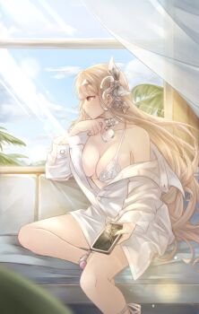 1girl against_window ahoge belt_collar bikini blue_sky blurry blurry_foreground bokeh branch breasts broken_glass broken_phone cellphone_charm charm_(object) cleavage collar collarbone commentary_request couch cowboy_shot curtains day depth_of_field expressionless floating_curtains glass goddess_of_victory:_nikke hair_ornament hand_on_own_chin head_rest heart_collar highres holding holding_phone horns indoors lace lace-trimmed_bikini lace_trim large_breasts leg_ribbon light_brown_hair light_rays limitless_skye long_hair long_sleeves looking_to_the_side no_pants open_window oversized_clothes oversized_shirt pearl_bikini phone profile red_eyes ribbon shirt single_off_shoulder sitting sky solo sunlight swimsuit unhappy viper_(nikke) viper_(shine_of_love)_(nikke) white_bikini white_collar white_horns white_ribbon wind window