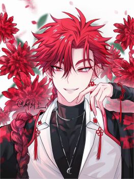 1boy artist_name black_coat black_shirt bracelet braid braided_ponytail chinese_clothes chinese_knot coat coat_on_shoulders collared_shirt earrings eyeliner falling_petals floral_background floral_print flower grin hair_between_eyes hair_over_shoulder hand_up highres jewelry leaf long_hair long_sleeves looking_at_viewer makeup male_focus necklace petals red_eyeliner red_eyes red_flower red_hair shiguang_dailiren shirt single_braid single_earring smile solo tassel tassel_earrings teeth turtleneck twitter_username undershirt upper_body white_background white_shirt xiao_weiying yuxianchen