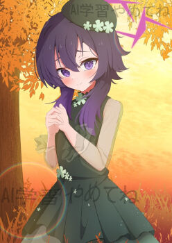 1girl blue_archive dress flower halo haruka_(blue_archive) long_hair long_sleeves looking_at_viewer official_alternate_costume outdoors purple_eyes purple_hair red_halo relief_07 tree