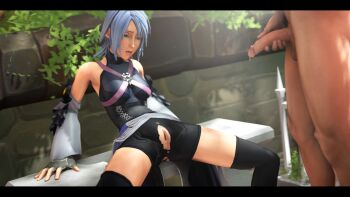 1boy 1girl 3d aqua_(kingdom_hearts) blue_eyes blue_hair cum cum_in_pussy greatm8 highres kingdom_hearts pants penis pussy torn_clothes torn_pants uncensored