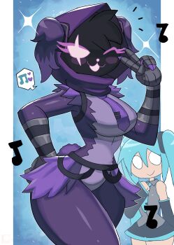 2girls :3 absurdres bear_girl black_skirt blank_eyes blue_hair blue_neckerchief bodysuit breasts claws crossover detached_sleeves epic_games fortnite gloves grey_gloves grey_shirt hair_ornament hand_on_own_chest hand_on_own_hip hatsune_miku highres hood large_breasts long_hair long_sleeves looking_at_viewer multiple_girls musical_note neckerchief necktie one_eye_closed open_mouth purple_bodysuit purple_eyes purple_fur purple_hair purple_necktie raven_team_leader scar scar_across_eye scar_on_face shirt skirt sleeveless sleeveless_shirt sleeves_past_wrists smile sparkle speech_bubble spoken_musical_note standing thick_thighs thighs tony_welt twintails v vocaloid wide_hips wink
