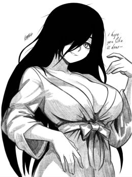 1girl breasts commentary english_commentary english_text eyelashes ghost_girl graphicthereal greyscale hair_over_one_eye highres large_breasts long_hair looking_at_viewer messy_hair monochrome original sash signature smile solo standing
