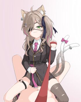 Rule 34 | 1boy, 1girl, :3, animal ear fluff, asymmetrical legwear, black jacket, black skirt, bow, brown hair, commentary, earrings, eyepatch, fish hair ornament, green eyes, hair ornament, hair ribbon, highres, jacket, jewelry, leash, long hair, long sleeves, looking at viewer, miniskirt, multicolored hair, multiple tails, necktie, one side up, paw hair ornament, pink hair, pink necktie, pleated skirt, pov, prism project, ribbon, shirt, simple background, skirt, smile, smug, straddling, streaked hair, suzune nia, tail, tail bow, tail ornament, thighhighs, torn clothes, torn thighhighs, two tails, uneven legwear, uts, viewer on leash, virtual youtuber, white shirt