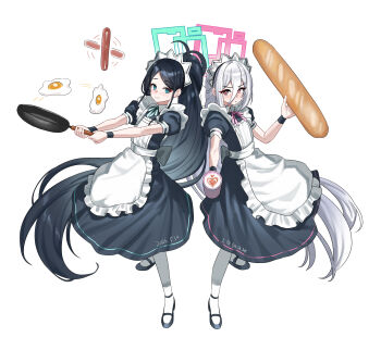 2girls absurdly_long_hair absurdres alternate_costume apron aqua_halo aris_(blue_archive) aris_(maid)_(blue_archive) baguette black_dress black_hair black_shoes blue_archive blue_eyes blush bread closed_mouth coffee_mug commentary cup dress drinking_glass food hair_between_eyes halo highres holding holding_bread holding_cup holding_pan kei_(blue_archive) kei_(student)_(blue_archive) latte_art long_hair maid maid_apron maid_headdress mug multiple_girls official_alternate_costume official_alternate_hairstyle pantyhose parted_bangs pink_halo ponytail puffy_short_sleeves puffy_sleeves red_eyes shangdi_de_fa_zhang shoes short_sleeves smile very_long_hair white_hair white_pantyhose