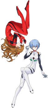 2girls absurdres artist_request aviot ayanami_rei blue_hair bodysuit brown_hair closed_mouth highres interface_headset_(evangelion) looking_at_viewer mecha_pilot_suit multiple_girls neon_genesis_evangelion official_art plugsuit_(evangelion) red_bodysuit red_eyes simple_background souryuu_asuka_langley transparent_background white_bodysuit wireless_earphone_case wireless_earphones