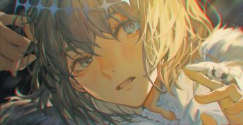 1boy blanca_(fate) blue_eyes bug close-up commentary_request crown diamond_hairband fate/grand_order fate_(series) fur_trim grey_hair highres insect insect_on_finger looking_at_viewer male_focus mebaru medium_hair moth moth_on_hand oberon_(fate) oberon_(third_ascension)_(fate) open_mouth solo