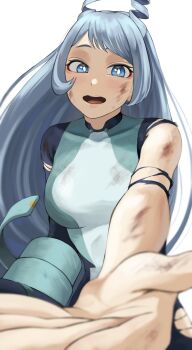 1girl absurdres antenna_hair blue_eyes blue_hair boku_no_hero_academia breasts bruise fengling_(furin-jp) hado_nejire highres hurt injury long_hair looking_at_viewer open_mouth reaching reaching_towards_viewer simple_background smile solo teeth tongue torn_clothes white_background