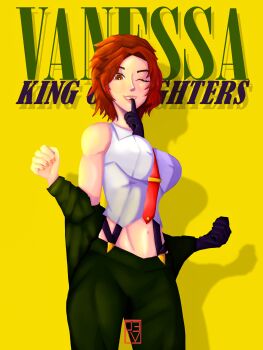 breasts formal_clothes gloves large_breasts looking_at_viewer pale_skin pants red_eyes red_hair revdraws10 shirt short_hair smile smiley_face standing the_king_of_fighters thick_thighs thighs undressing vanessa_(kof) white_shirt wide_hips