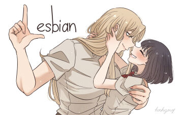 2girls artist_name black_hair blonde_hair bow bowtie closed_mouth collared_shirt commentary_request hand_on_another&#039;s_shoulder highres hoshizora_no_shita l_hand long_hair medium_hair mole mole_under_eye multiple_girls original parted_lips red_bow red_bowtie school_uniform shirt simple_background smile white_background white_shirt yuri