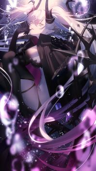 1girl black_cloak black_hands black_panties black_thighhighs body_markings breasts choker cloak colored_extremities crossed_bangs demon_girl demon_horns demon_wings ear_piercing fate/grand_order fate_(series) green_eyes grey_hair hair_between_eyes highres horns lilith_(fate) lilith_(second_ascension)_(fate) long_hair looking_at_viewer mashima_saki_(mashimasa) medium_breasts navel oversized_object panties parted_lips piercing pointy_ears scissors smile solo stomach_tattoo tattoo thighhighs thighs twintails underwear very_long_hair wings