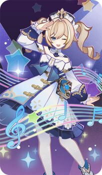 1girl bad_source barbara_(genshin_impact) blue_eyes book boots detached_sleeves dress genshin_impact hand_up long_sleeves looking_at_viewer medium_hair musical_note official_art one_eye_closed pantyhose print_pantyhose sheet_music smile solo standing twintails vision_(genshin_impact) white_boots white_dress white_pantyhose