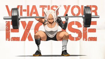 1girl absurdres amputee animal_ears armless_amputee barbell black_shoes black_shorts boku_no_hero_academia commentary dark_skin english_commentary exercising highres khyle. mechanical_arms mirko shoes short_shorts shorts single_bare_shoulder single_mechanical_arm solo squatting tank_top triple_amputee white_hair white_tank_top