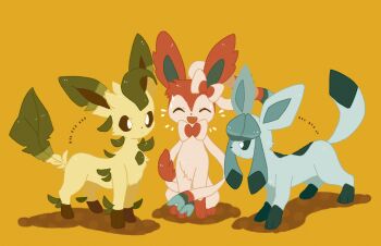 animal_focus blue_eyes bright_pupils brown_eyes closed_eyes closed_mouth commentary_request cyane0u0 gen_4_pokemon gen_6_pokemon glaceon leafeon nintendo no_humans open_mouth pokemon pokemon_(creature) shadow sitting smile standing sweat sylveon white_pupils yellow_background