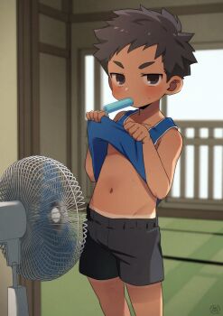 1boy black_eyes black_hair black_shorts blush chickenchild clothes_lift fan food food_in_mouth highres male_focus original popsicle popsicle_in_mouth shirt_lift shorts shota solo tan tanline undershirt