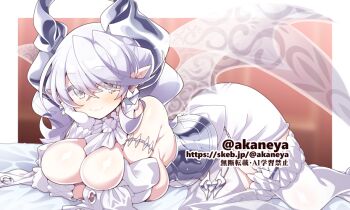 Rule 34 | 1girl, akaneya, bare shoulders, breasts, demon girl, demon horns, demon wings, dress, drill hair, duel monster, grey eyes, grey hair, horns, large breasts, lovely labrynth of the silver castle, lying, multiple wings, on stomach, pointy ears, solo, transparent wings, twin drills, white dress, wings, yu-gi-oh!