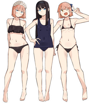 3girls absurdres barefoot bikini black_bikini black_hair blue_eyes blush breasts closed_mouth collarbone commentary_request covered_navel fang frilled_bikini frills full_body hairband hand_on_own_hip highres hisui_(tsukihime) kohaku_(tsukihime) long_hair looking_at_viewer maid_headdress micro_bikini multiple_girls navel one-piece_swimsuit one_eye_closed open_mouth pink_hair sattinittas short_hair simple_background skin_fang small_breasts standing stomach string_bikini sweat swimsuit tohno_akiha tsukihime type-moon white_background