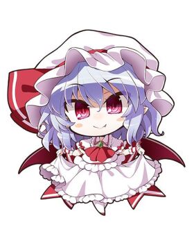 1girl akaneya bad_id bad_twitter_id bat_wings blush_stickers brooch chibi curtsey dress fang fang_out female_focus hat jewelry mob_cap purple_eyes purple_hair remilia_scarlet short_hair skirt_hold solo touhou wings