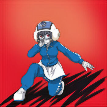 1girl bandaged_hand bandaged_head bandages black_hair blue_helmet blue_jacket blue_pants breasts colored_skin face_mask flower grey_skin hair_flower hair_ornament helmet jacket large_breasts long_sleeves looking_at_viewer mask mizuno_ai mouth_mask on_one_knee pants red_background red_eyes shoes short_hair skirt socks superhero_costume t_jiroo_(ringofriend) track_jacket track_pants track_suit uwabaki white_shoes white_skirt white_socks yellow_flower zombie zombie_land_saga