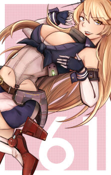 1girl bananamaru blonde_hair blue_eyes border breasts cleavage commentary elbow_gloves english_commentary fingerless_gloves front-tie_top gloves hair_between_eyes headgear highres iowa_(kancolle) kantai_collection large_breasts lipstick long_hair looking_at_viewer makeup open_mouth red_lips rudder_footwear skirt smile solo star-shaped_pupils star_(symbol) striped_clothes striped_skirt symbol-shaped_pupils vertical-striped_clothes vertical-striped_skirt white_border