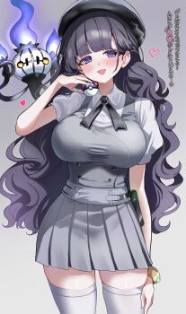 1girl :d absurdres black_hair blunt_bangs blush bracelet breasts cardcaptor_sakura collared_shirt commentary_request cowboy_shot daidouji_tomoyo dress fire gradient_background grey_background grey_dress grey_skirt grey_vest hand_up hat heart highres holding holding_poke_ball jewelry large_breasts long_hair looking_at_viewer master_ball neck_ribbon open_mouth pinafore_dress pleated_dress pleated_skirt poke_ball pokemon pokemon_(creature) puffy_short_sleeves puffy_sleeves purple_eyes purple_fire ribbon sak_(lemondisk) shirt short_dress short_sleeves simple_background skindentation skirt sleeveless sleeveless_dress smile solo standing thighhighs thighs translation_request very_long_hair vest wavy_hair white_shirt white_thighhighs zettai_ryouiki
