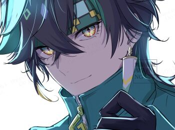 Rule 34 | 1boy, black gloves, black hair, commentary request, earrings, genshin impact, gloves, green hair, headband, jewelry, kinich (genshin impact), long sleeves, looking at viewer, male focus, multicolored eyes, multicolored hair, necoco112061, piercing, simple background, solo, watermark, white background, zipper