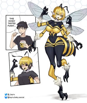 1boy 1girl abdomen_tail absurdres antennae arthropod_girl arthropod_tail bee_girl bee_wings black_sclera blonde_hair breasts claws colored_eyelashes colored_sclera colored_tongue commentary corruption eating english_commentary extra_arms extra_eyes genderswap genderswap_(mtf) highres honey insect_girl insect_wings layru looking_at_viewer medium_breasts monster_girl narrow_waist navel open_mouth original short_hair simple_background smile solo stinger thick_thighs thighs tongue tongue_out torn_clothes transformation twitter_username white_background wide_hips wings yellow_eyes yellow_tongue