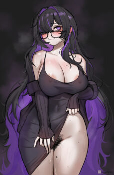 1girl @_@ absurdly_long_hair ahoge areola_slip black_background black_hair blush breasts cleavage clothes_lift commentary covered_erect_nipples dress dress_lift english_commentary female_pubic_hair glasses goddess_of_victory:_nikke highres hioyami huge_breasts label_(nikke) lifting_own_clothes long_hair messy_hair mole mole_on_breast mole_on_thigh multicolored_hair pubic_hair purple_eyes purple_hair simple_background solo sweat two-tone_hair very_long_hair