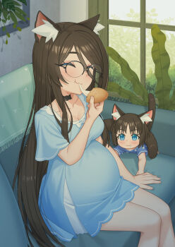 2girls absurdres aina_(mao_lian) animal_ear_fluff animal_ears black_choker blue_dress blue_eyes blush bow breasts brown_hair brown_tail bun_(food) cat_ears cat_girl cat_tail child choker closed_eyes couch dress dress_bow eating food glasses highres holding holding_food indoors long_hair mao_lian_(nekokao) medium_breasts mother_and_child mother_and_daughter multiple_girls on_couch original plant pregnant saliva short_hair sitting tail very_long_hair window