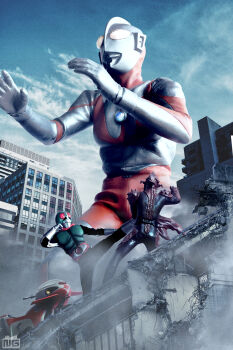 3boys alien antennae armor armored_bodysuit artist_logo battle black_bodysuit blue_sky bodysuit boots breastplate bug building city cityscape cloud cloudy_sky color_timer colored_skin commentary compound_eyes crossover cyclone_(kamen_rider) day doku_sasori_otoko dorsal_fin dust_cloud fighting_stance figure_(medium) film_grain from_below giant giant_male gloves glowing glowing_eyes grasshopper green_armor hands_up helmet high_kick highres insect ito_nobuhiko kamen_rider kamen_rider_(1st_series) kamen_rider_1 kicking logo looking_ahead looking_at_another male_focus mask monster motor_vehicle motorcycle multicolored_skin multiple_boys no_pupils outdoors pectorals photo_(medium) photoshop_(medium) red_eyes red_scarf red_skin rider_belt rubble scarf silver_boots silver_gloves silver_skin sky striped_bodysuit tokusatsu two-tone_skin typhoon_(kamen_rider) ultra_series ultraman ultraman_(1st_series) ultraman_vs._kamen_rider white_eyes wrinkled_skin