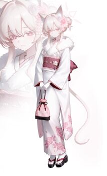 1girl 2026 absurdres akira_(blue_archive) alternate_costume alternate_hairstyle animal_ear_fluff animal_ears bag blue_archive cat_ears cat_girl cat_tail closed_mouth commentary floral_print floral_print_kimono flower fur-trimmed_kimono fur_trim gloves grey_hair hair_between_eyes hair_bun hair_flower hair_ornament halo highres holding holding_bag japanese_clothes kimono looking_at_viewer mellow_(srpp4843) obi pink_bag pink_eyes pink_flower pink_halo pink_sash print_kimono sandals sash smile solo symbol-only_commentary tabi tail white_gloves white_kimono zoom_layer