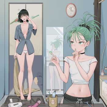 1boy 2girls bald barefoot black_shorts blue_shirt breasts breasts_apart brushing_teeth bygin clock closed_eyes cup curly_hair fubuki_(one-punch_man) green_eyes green_hair green_nails hair_dryer highres indoors medium_breasts midriff mirror mug multiple_girls navel no_bra one-punch_man panties partially_unbuttoned rubbing_eyes saitama_(one-punch_man) shirt short_hair short_shorts short_sleeves shorts sleepy small_breasts standing stomach tatsumaki toenails toothbrush toothbrush_in_mouth underwear wall_clock white_panties white_shirt