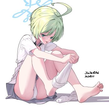 1girl :p absurdres ahoge barefoot blonde_hair blue_archive blue_eyes blush feet highres jojeshi looking_at_viewer panties pantyshot ritsu_(blue_archive) short_hair socks soles toes tongue tongue_out underwear unworn_socks white_socks