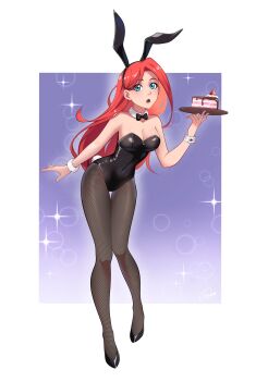 Rule 34 | 1girl, :o, absurdres, animal ear hairband, animal ears, aqua eyes, bare shoulders, black bow, black bowtie, black hairband, black leotard, black pantyhose, black shoes, border, bow, bowtie, breasts, buttoned cuffs, buttons, cake, cake slice, cat (xxfaylinnxx), chocolate syrup, cleavage, collar, commentary, covered navel, detached collar, english commentary, fake animal ears, fake tail, fishnet pantyhose, fishnets, food, fruit, full body, hairband, high heels, highres, holding, holding plate, leotard, light blush, long hair, mole, mole under eye, orange hair, original, outside border, pantyhose, parted lips, plate, playboy bunny, purple background, rabbit ear hairband, rabbit ears, rabbit tail, shoes, solo, sparkle background, strapless, strapless leotard, strawberry, tail, very long hair, white border, white collar, white tail, white wrist cuffs, wrist cuffs, xxfaylinnxx
